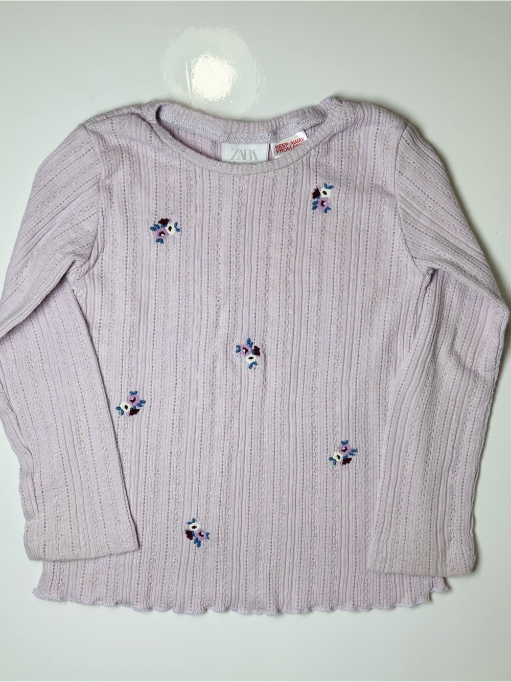 Zara Baby Lilac Ribbed Pointelle Embroidered Flower Top Long Sleeve 18-24M